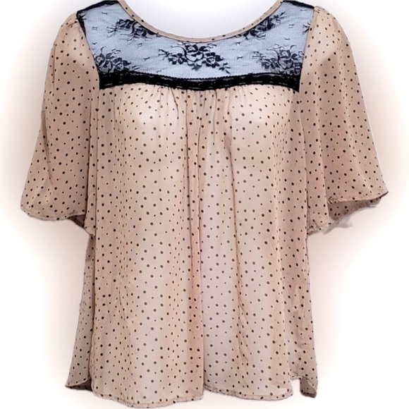 Paper Crane Tops - Paper Crane | Lace Panel Polka Dot Sheer Chiffon Blouse